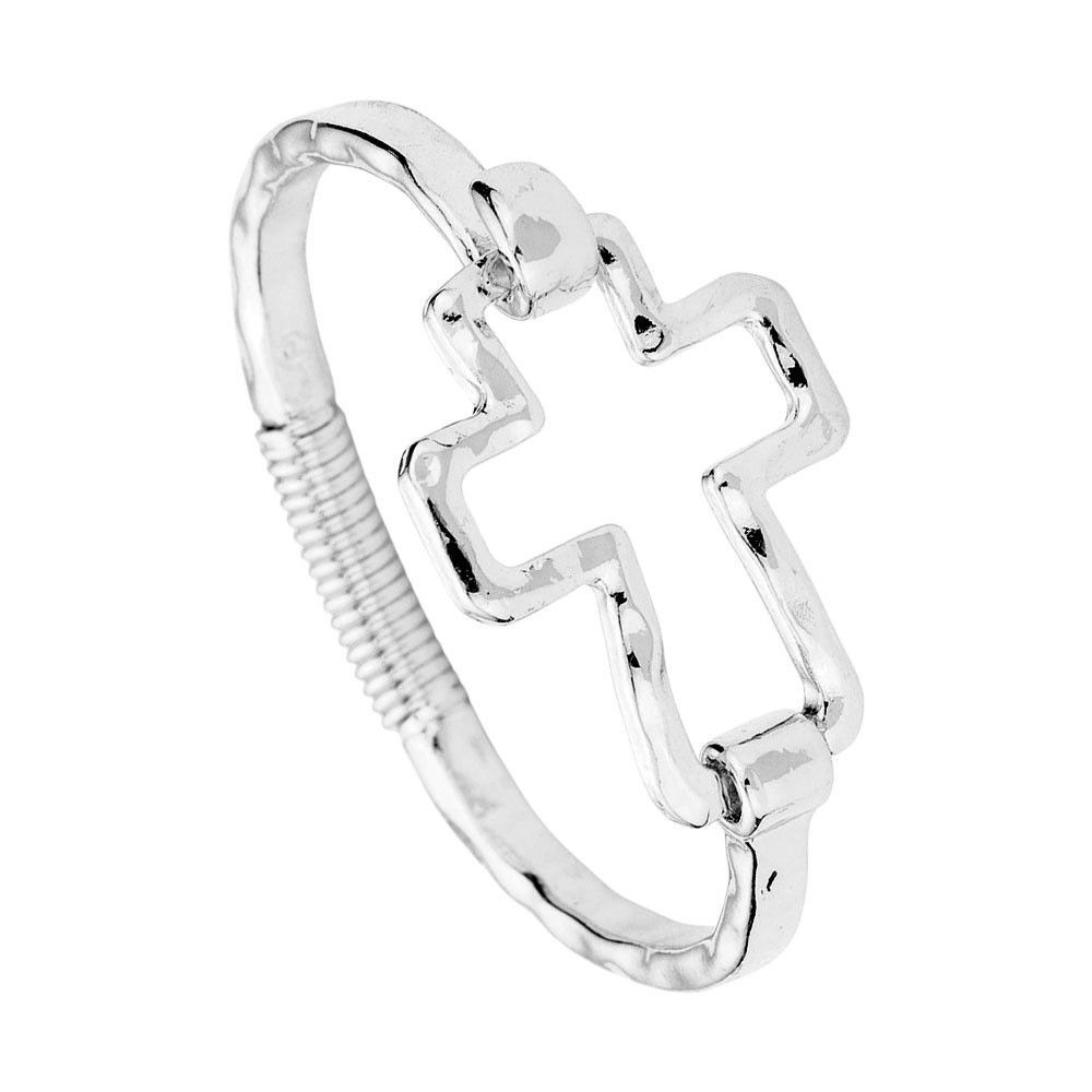 Silver Hammered Open Cross Bangle Bracelet - Modern Religious Faith Jewelry